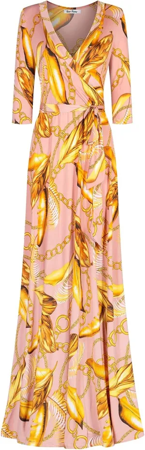 Women's Super Stretchy Maxi Party Dress Spring Floral Print Faux Wrap 3/4 Sleeve V-Neck