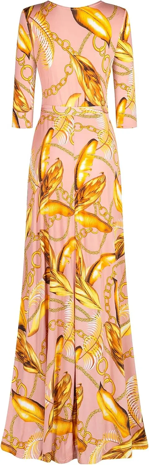 Women's Super Stretchy Maxi Party Dress Spring Floral Print Faux Wrap 3/4 Sleeve V-Neck