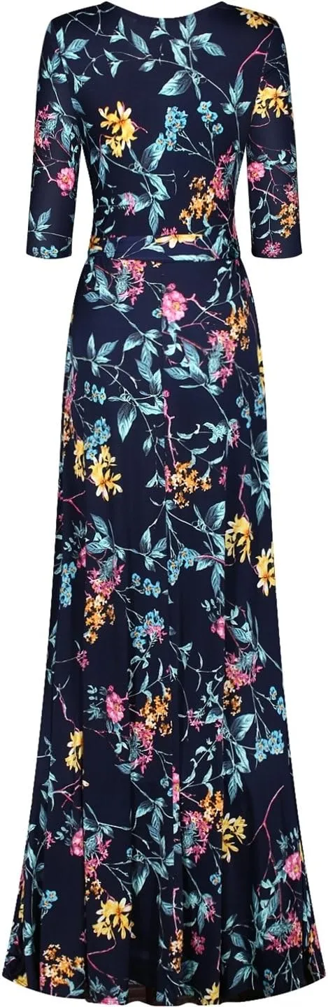 Women's Super Stretchy Maxi Party Dress Spring Floral Print Faux Wrap 3/4 Sleeve V-Neck