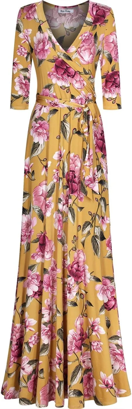 Women's Super Stretchy Maxi Party Dress Spring Floral Print Faux Wrap 3/4 Sleeve V-Neck