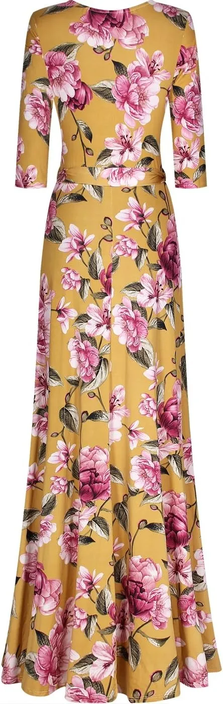 Women's Super Stretchy Maxi Party Dress Spring Floral Print Faux Wrap 3/4 Sleeve V-Neck
