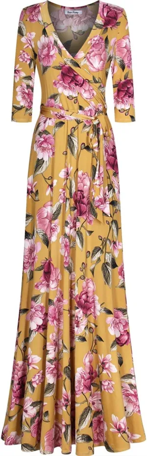 Women's Super Stretchy Maxi Party Dress Spring Floral Print Faux Wrap 3/4 Sleeve V-Neck