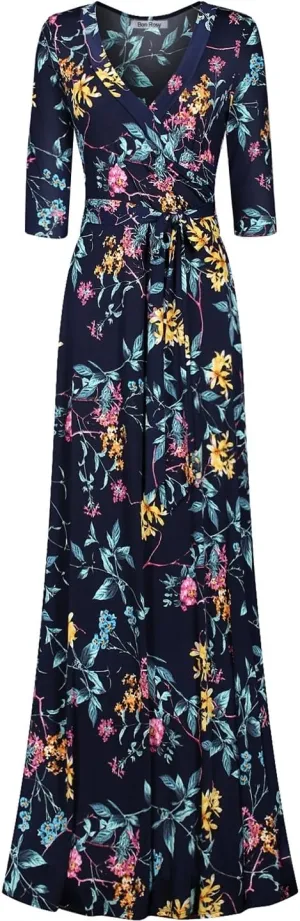 Women's Super Stretchy Maxi Party Dress Spring Floral Print Faux Wrap 3/4 Sleeve V-Neck