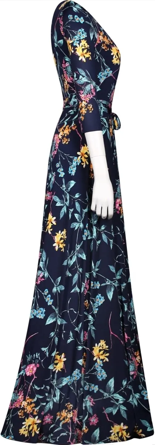 Women's Super Stretchy Maxi Party Dress Spring Floral Print Faux Wrap 3/4 Sleeve V-Neck