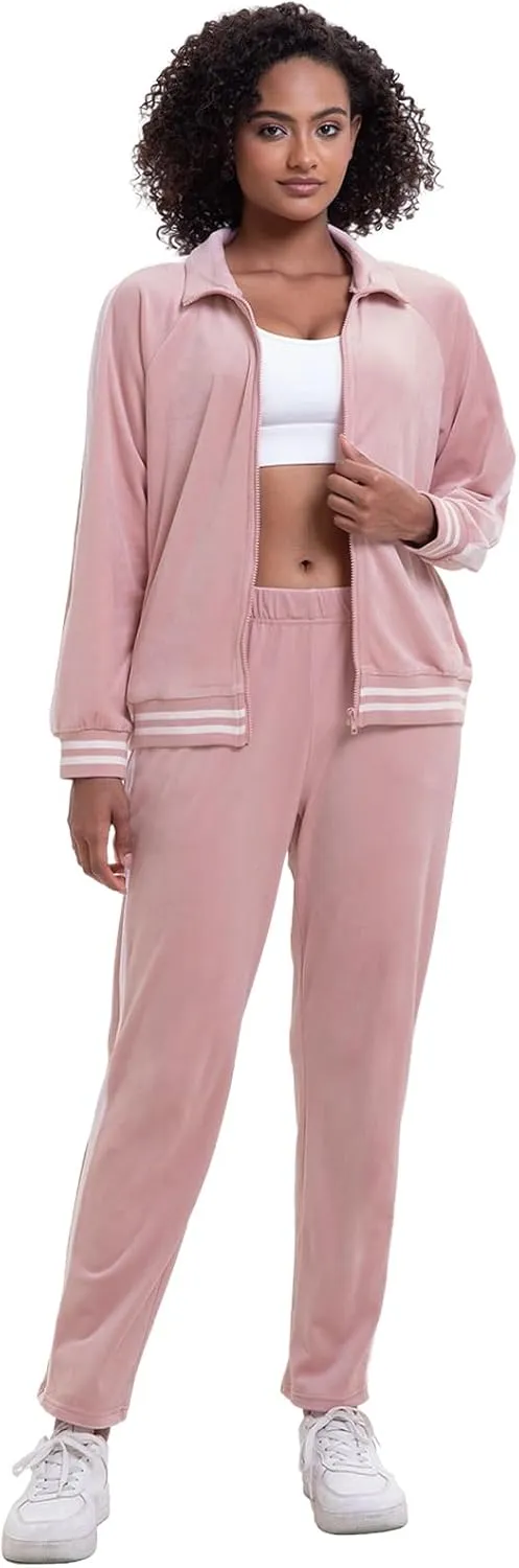 Women's Velour Tracksuit Zip-Up Jacket and Jogger Pants with Pockets Sweatsuit Loungewear Set 2 Piece Loose Fit