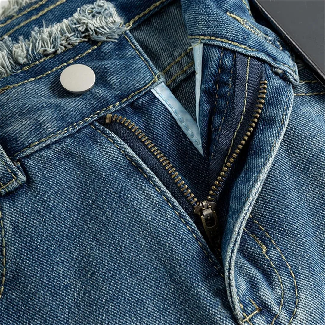 Women's Vintage Distressed Fringed Denim Skirt High Waisted 5 Pockets Retro Midi Jeans Skirts