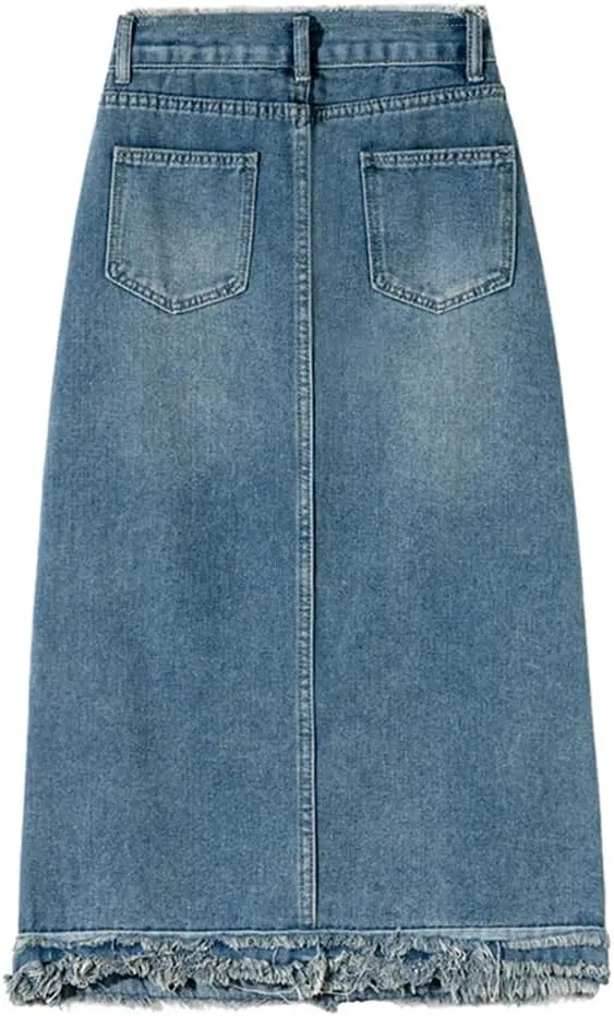 Women's Vintage Distressed Fringed Denim Skirt High Waisted 5 Pockets Retro Midi Jeans Skirts