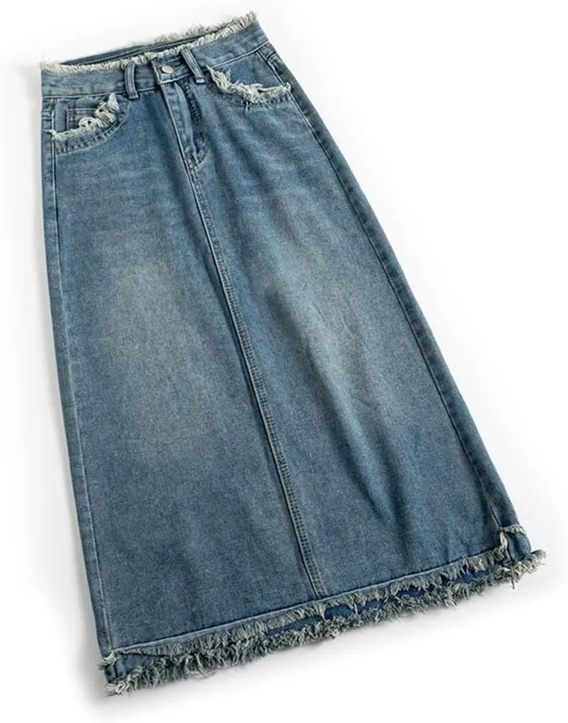 Women's Vintage Distressed Fringed Denim Skirt High Waisted 5 Pockets Retro Midi Jeans Skirts