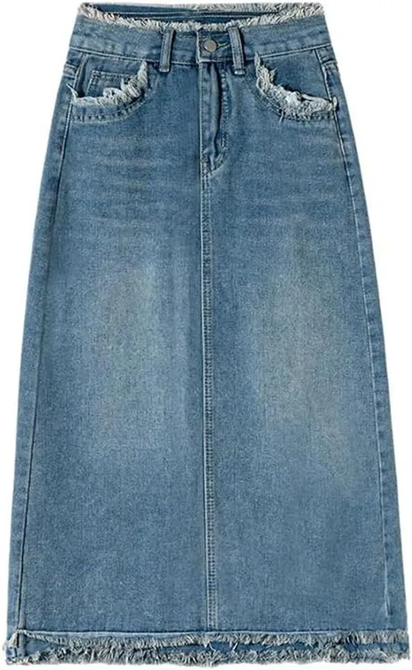 Women's Vintage Distressed Fringed Denim Skirt High Waisted 5 Pockets Retro Midi Jeans Skirts