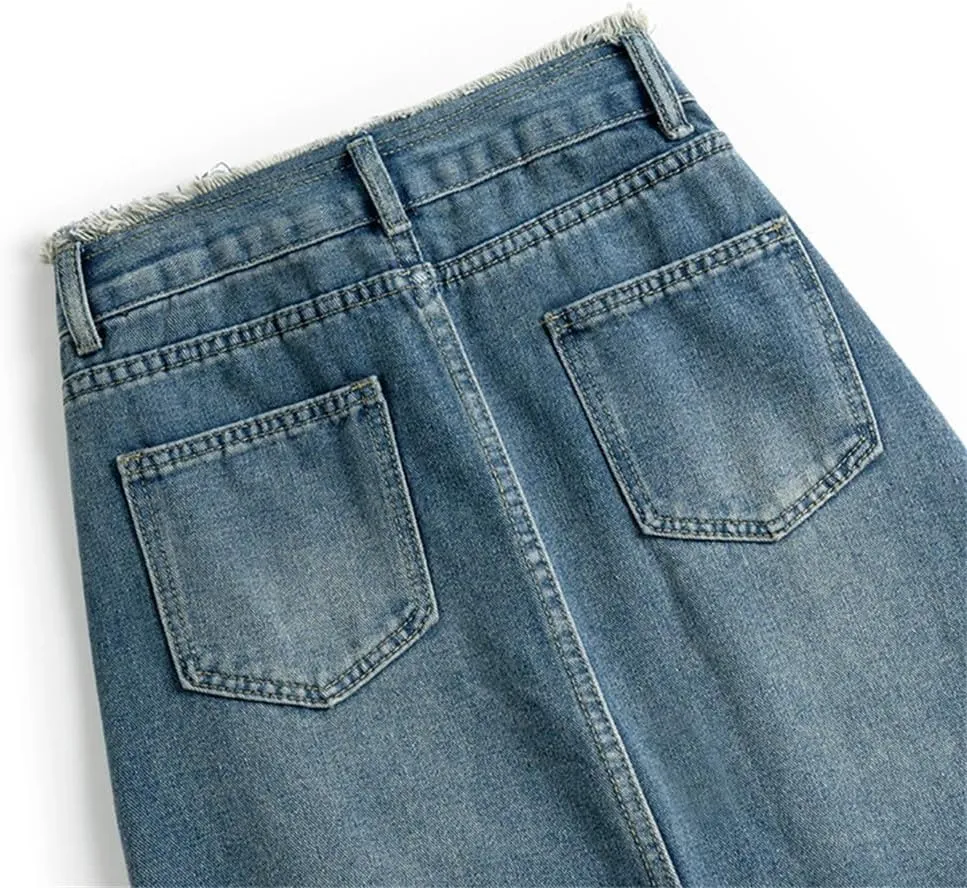 Women's Vintage Distressed Fringed Denim Skirt High Waisted 5 Pockets Retro Midi Jeans Skirts