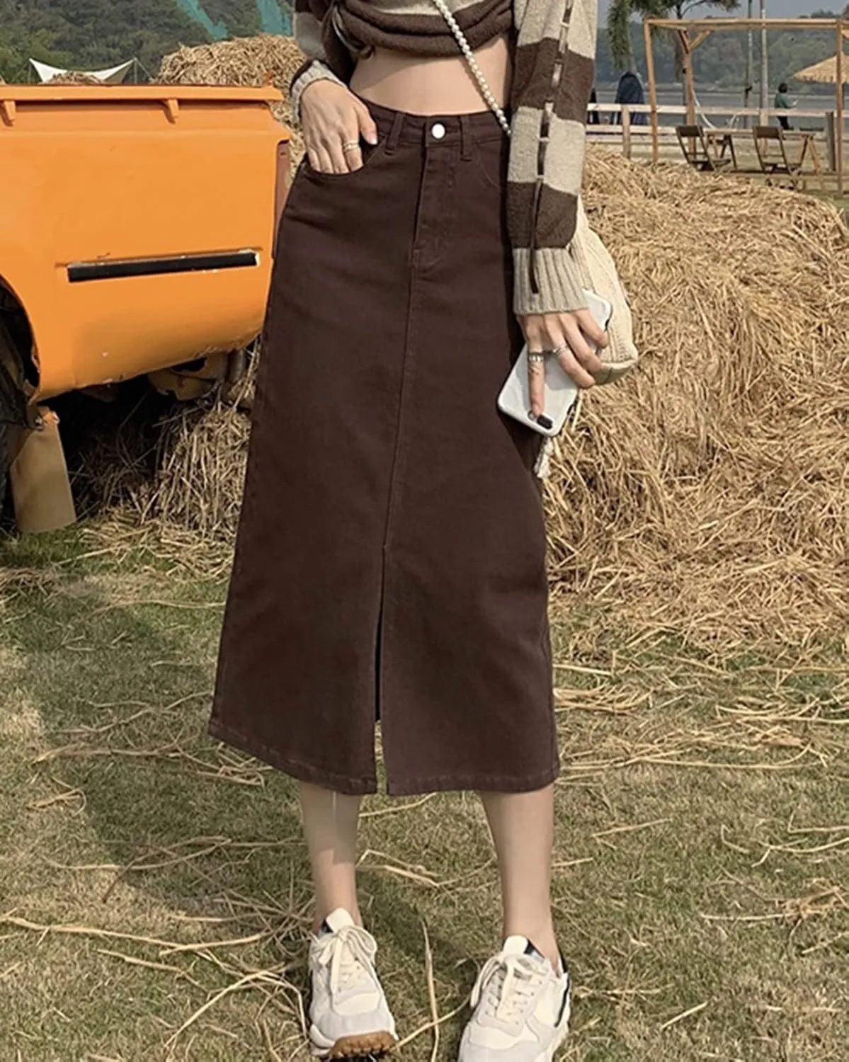 Women's Vintage High Waisted Denim Skirt Ladies Midi Jean Skirts with Pockets