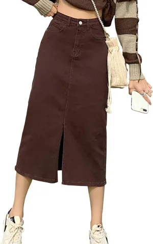 Women's Vintage High Waisted Denim Skirt Ladies Midi Jean Skirts with Pockets