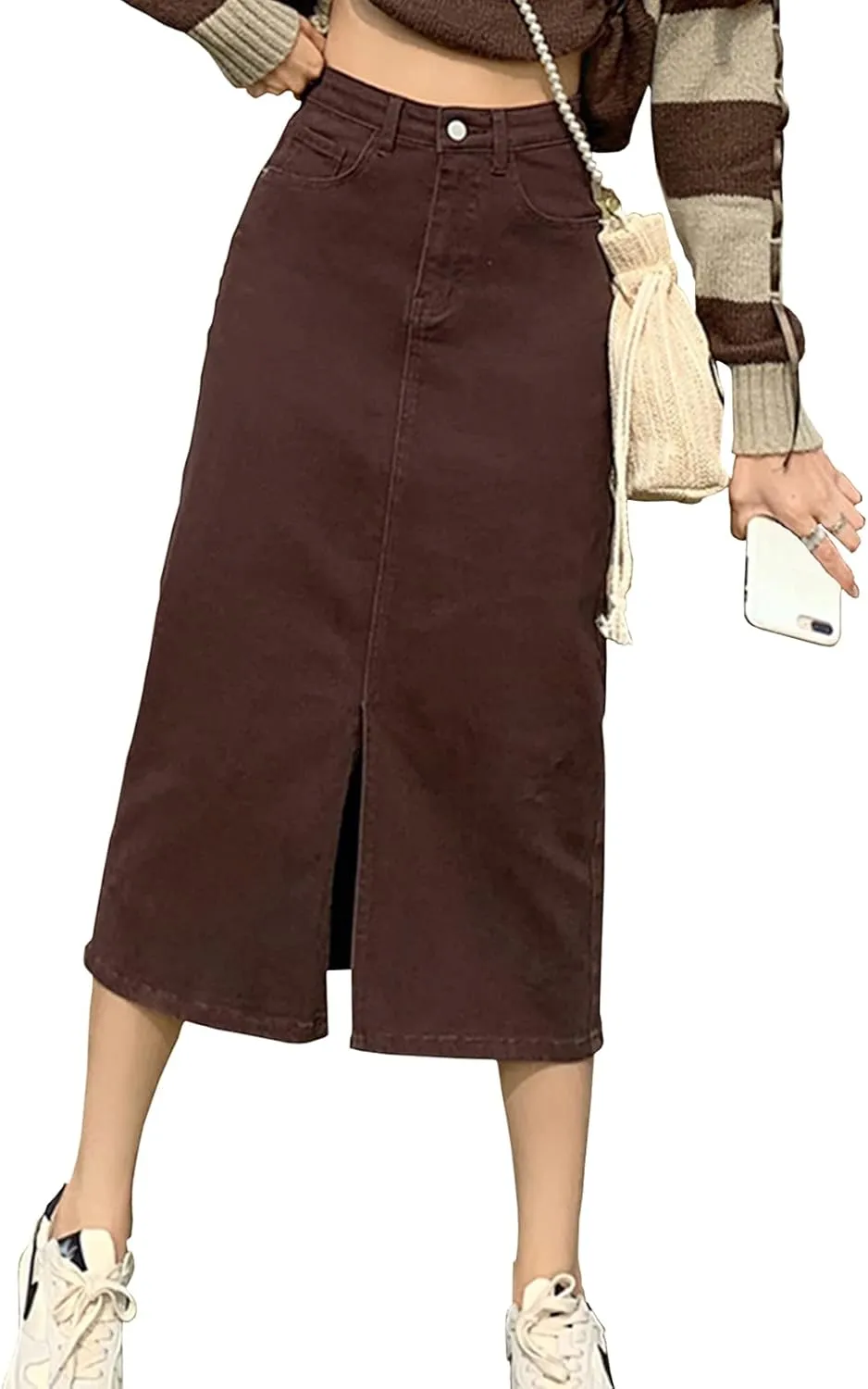 Women's Vintage High Waisted Denim Skirt Ladies Midi Jean Skirts with Pockets