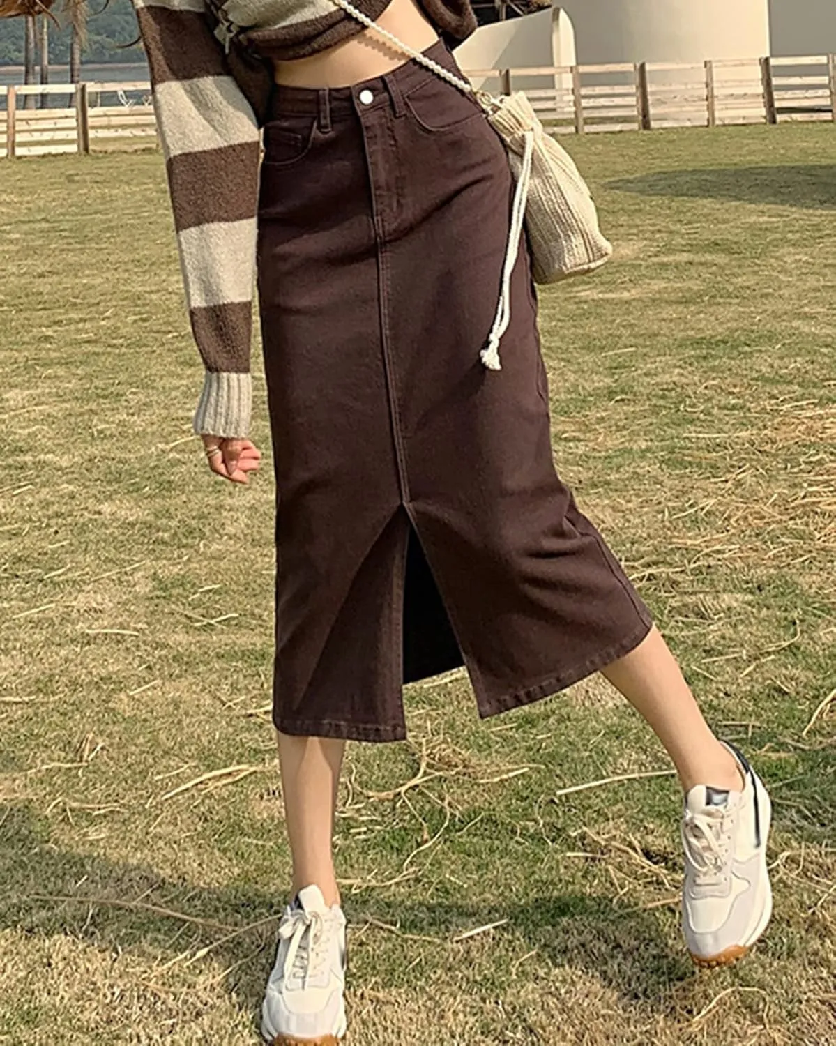 Women's Vintage High Waisted Denim Skirt Ladies Midi Jean Skirts with Pockets