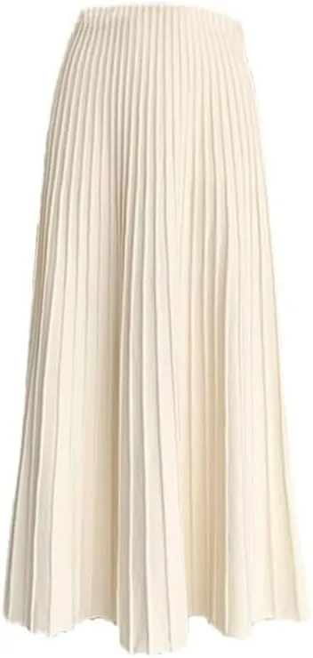 Women's Wool Knit High Waisted Pleated A-Line Midi Skirt