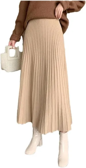 Women's Wool Knit High Waisted Pleated A-Line Midi Skirt