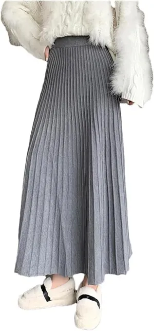 Women's Wool Knit High Waisted Pleated A-Line Midi Skirt