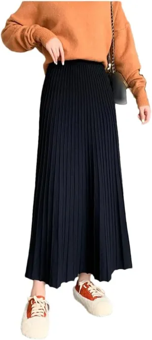 Women's Wool Knit High Waisted Pleated A-Line Midi Skirt
