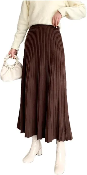 Women's Wool Knit High Waisted Pleated A-Line Midi Skirt