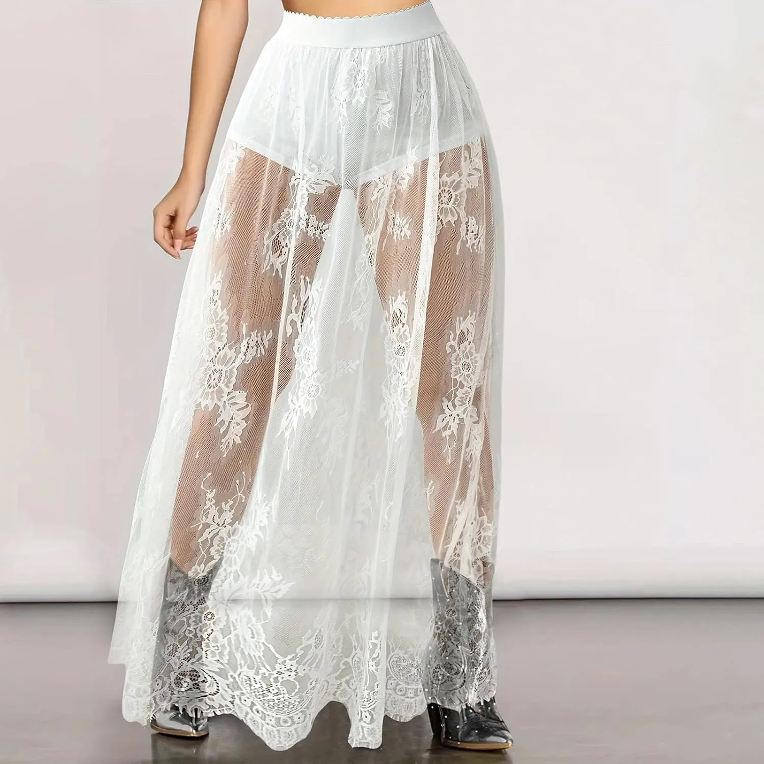 Women's Y2k Lace Mesh Skirt with Shorts Club Party Maxi Skirts Sexy Sheer See Through High Waist Flowy Goth Costumes