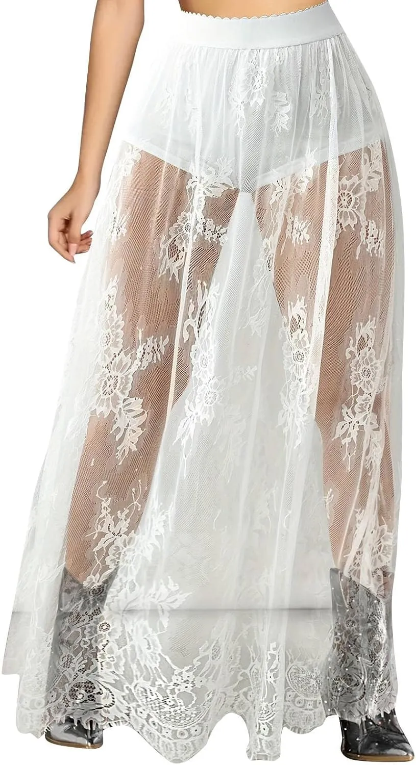 Women's Y2k Lace Mesh Skirt with Shorts Club Party Maxi Skirts Sexy Sheer See Through High Waist Flowy Goth Costumes
