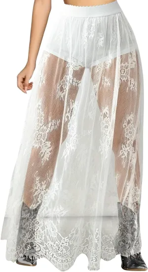 Women's Y2k Lace Mesh Skirt with Shorts Club Party Maxi Skirts Sexy Sheer See Through High Waist Flowy Goth Costumes