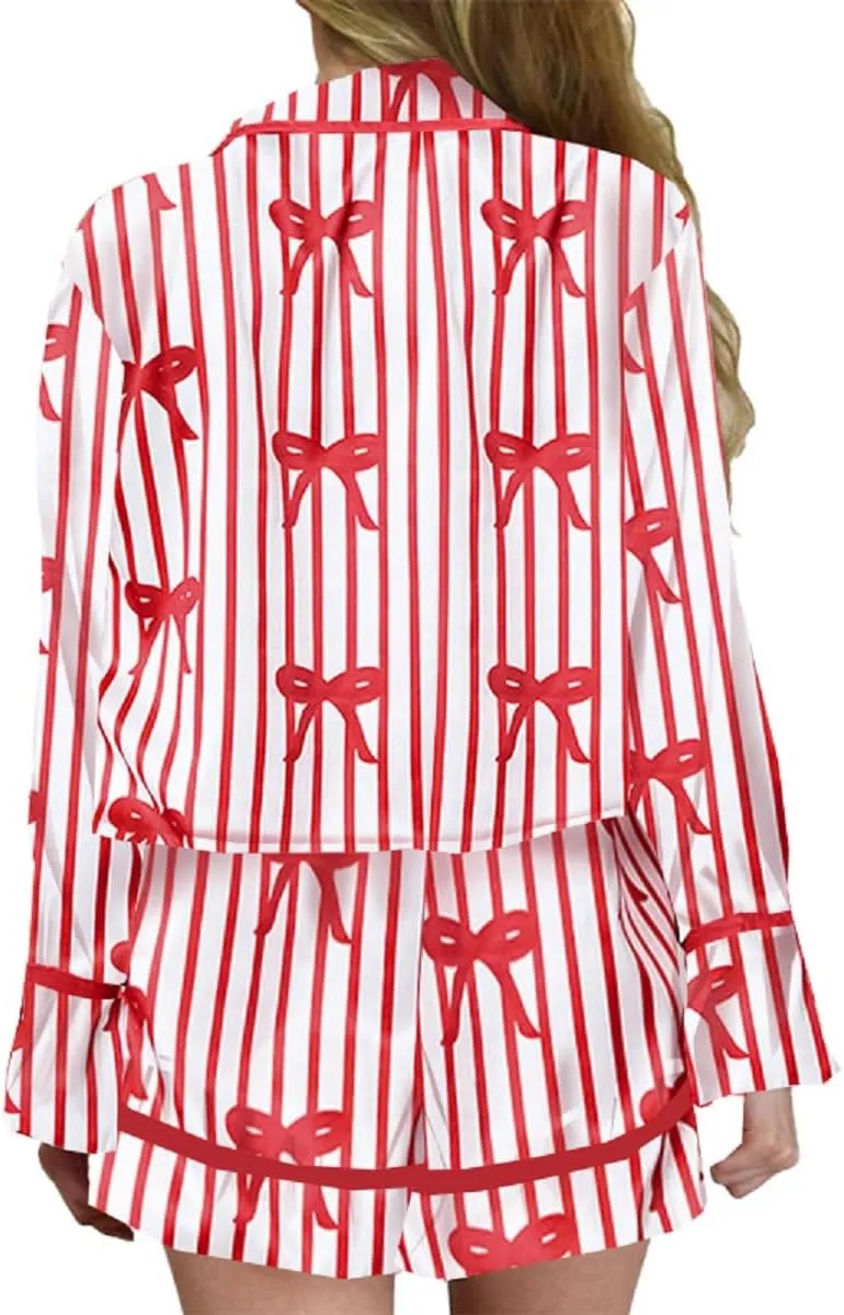 Womens Y2k Pajamas Bow Tie Long Sleeve Shirt and Ruffle Shorts Cute Silk 2 Piece Sleepwear Lounge Sets