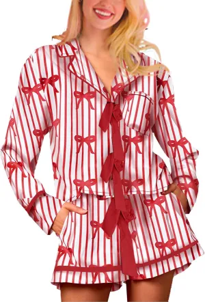 Womens Y2k Pajamas Bow Tie Long Sleeve Shirt and Ruffle Shorts Cute Silk 2 Piece Sleepwear Lounge Sets