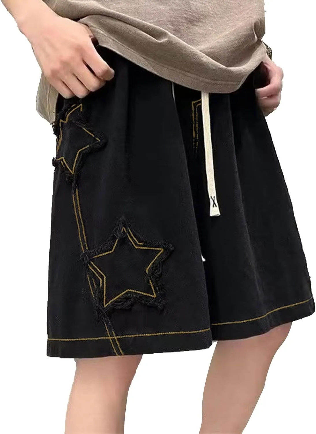 Women's Y2K Star Pants Elastic Waist Drawstring Casual Sporty Baggy Shorts with Pockets