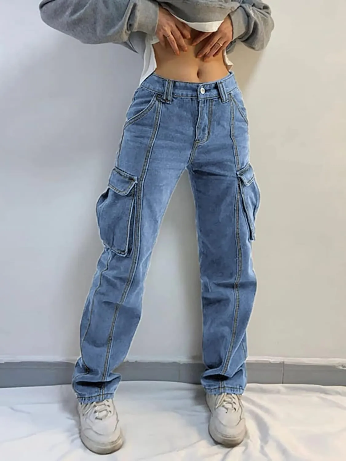 Xineicy Women's Mid Waist Pocket Cargo Jeans Washed Baggy Wide Leg Denim Pants Order 1 Size UP