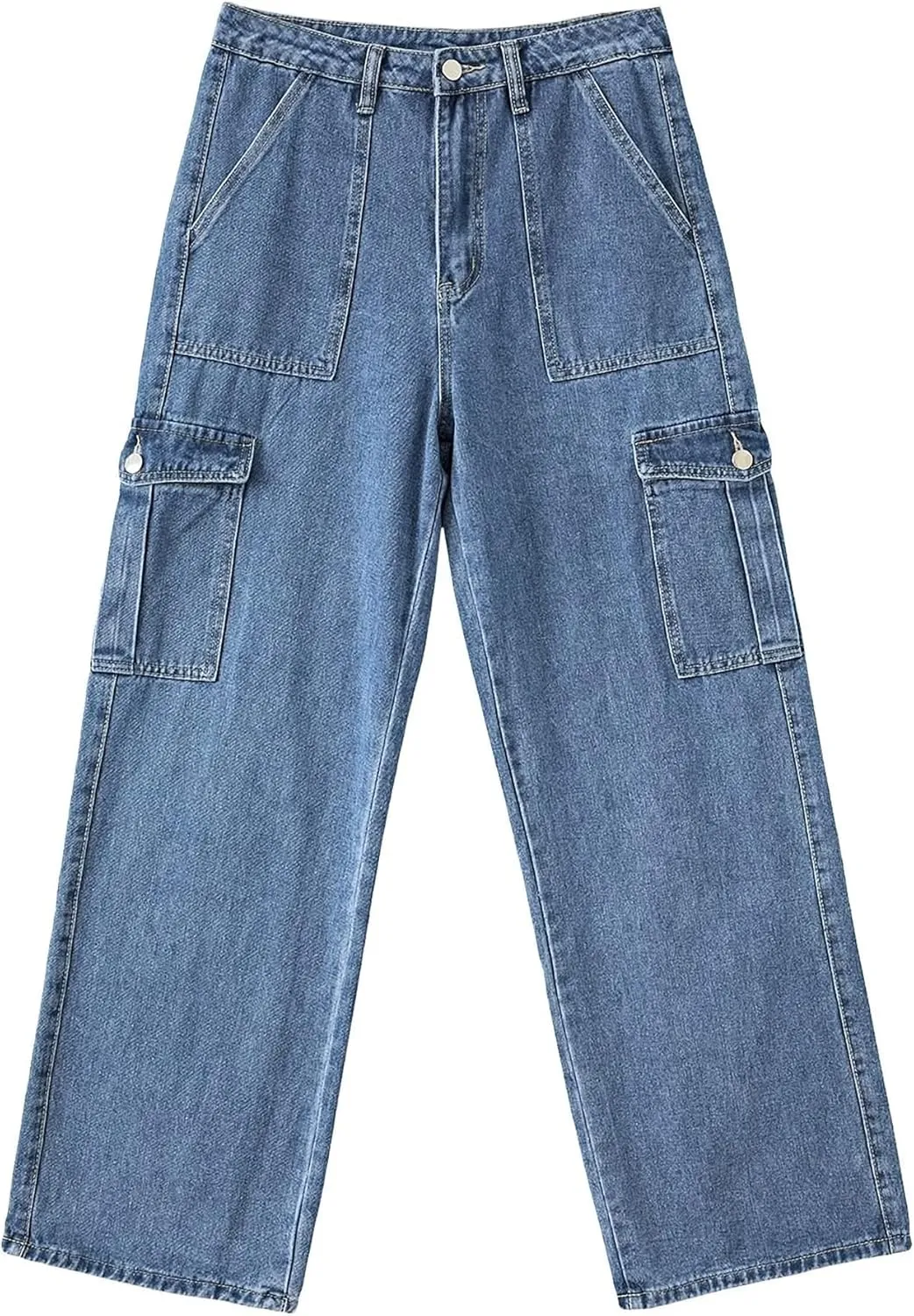 Xineicy Women's Mid Waist Pocket Cargo Jeans Washed Baggy Wide Leg Denim Pants Order 1 Size UP
