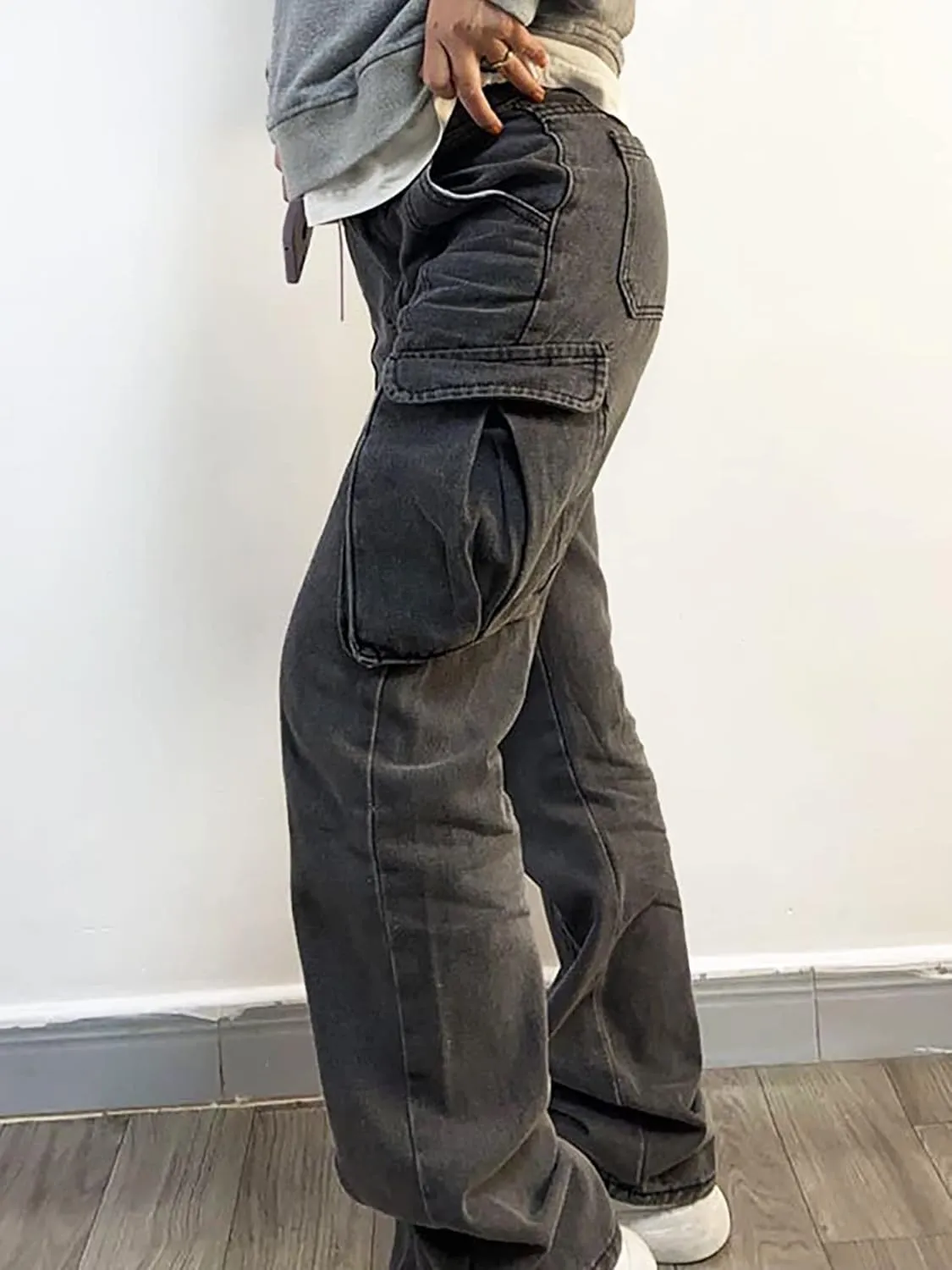 Xineicy Women's Mid Waist Pocket Cargo Jeans Washed Baggy Wide Leg Denim Pants Order 1 Size UP