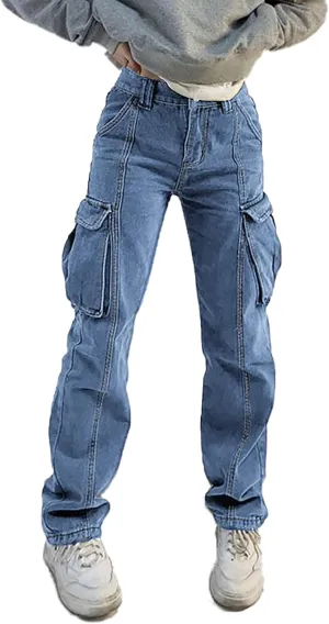 Xineicy Women's Mid Waist Pocket Cargo Jeans Washed Baggy Wide Leg Denim Pants Order 1 Size UP