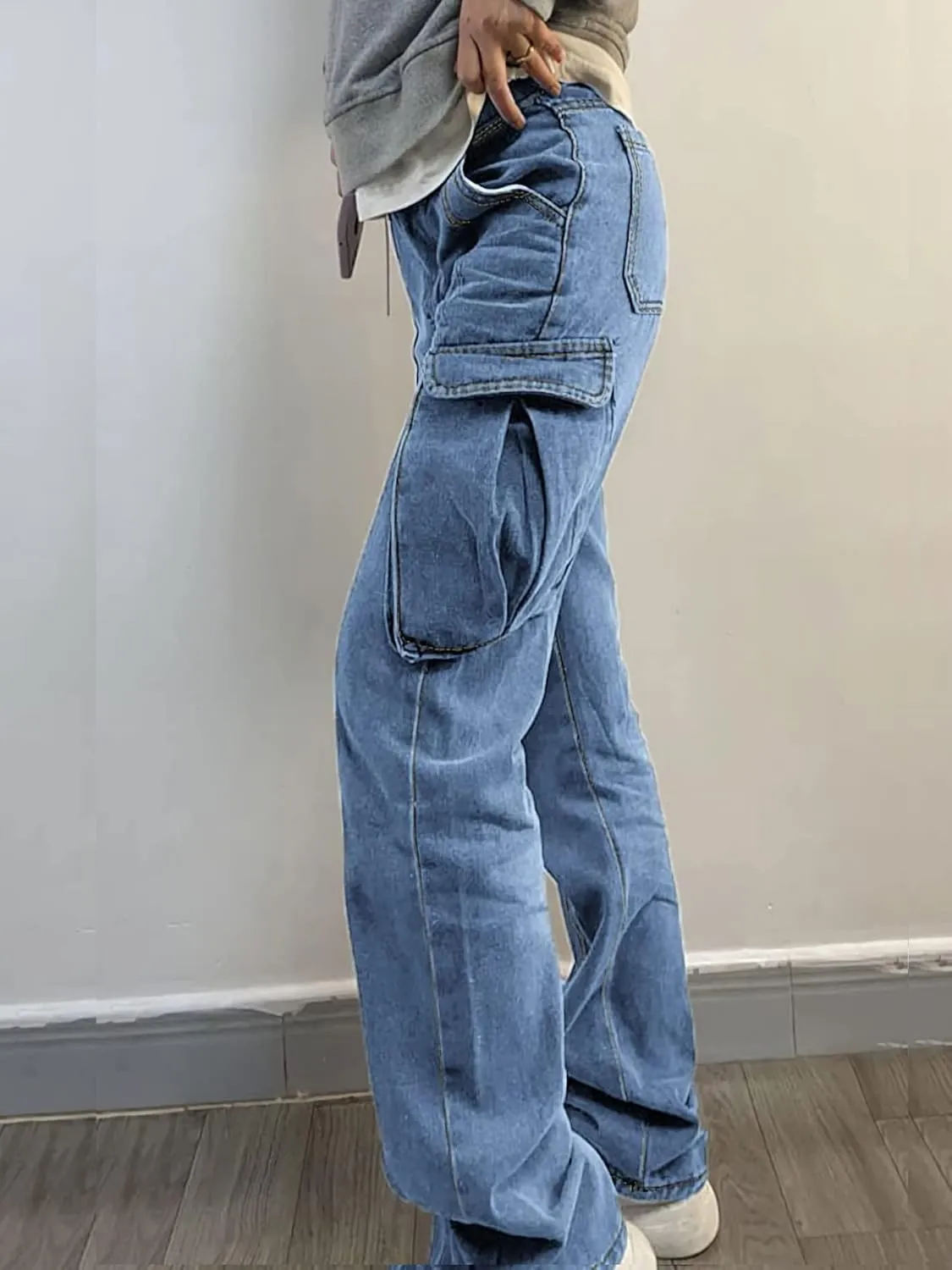 Xineicy Women's Mid Waist Pocket Cargo Jeans Washed Baggy Wide Leg Denim Pants Order 1 Size UP