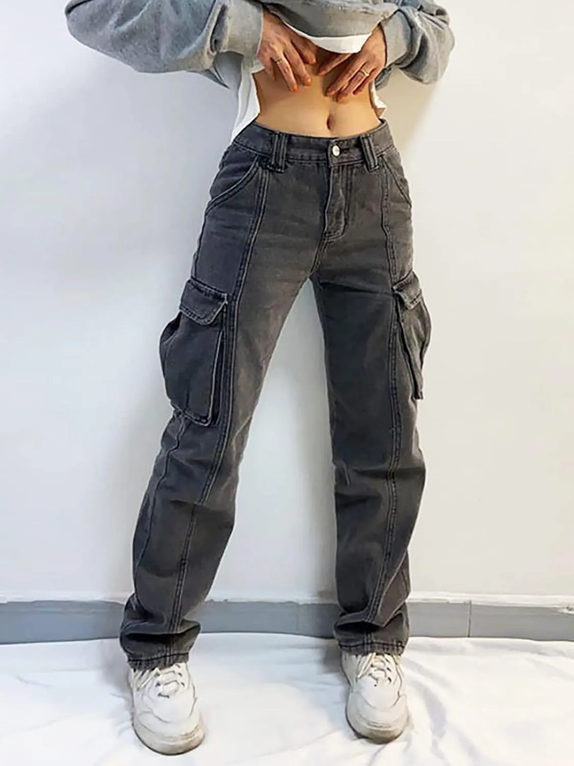 Xineicy Women's Mid Waist Pocket Cargo Jeans Washed Baggy Wide Leg Denim Pants Order 1 Size UP