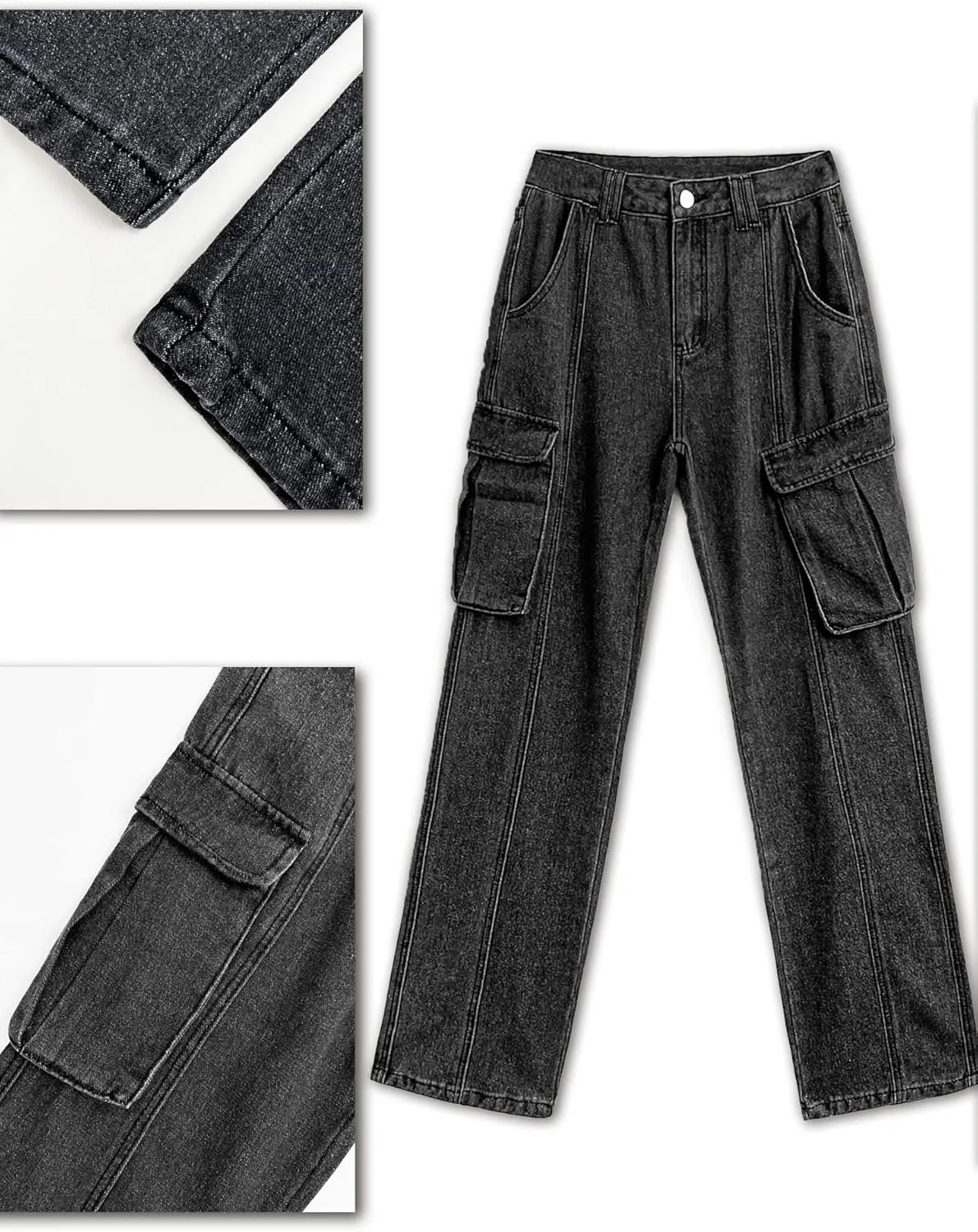 Xineicy Women's Mid Waist Pocket Cargo Jeans Washed Baggy Wide Leg Denim Pants Order 1 Size UP
