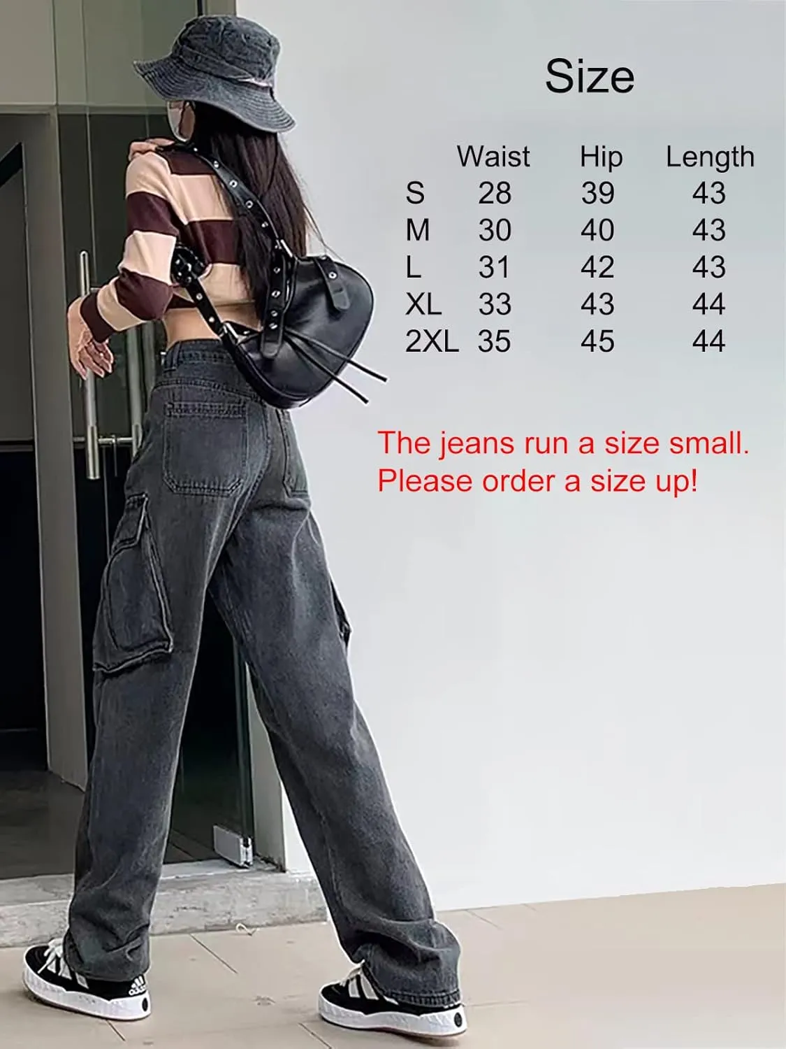 Xineicy Women's Mid Waist Pocket Cargo Jeans Washed Baggy Wide Leg Denim Pants Order 1 Size UP