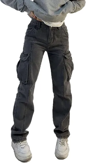 Xineicy Women's Mid Waist Pocket Cargo Jeans Washed Baggy Wide Leg Denim Pants Order 1 Size UP