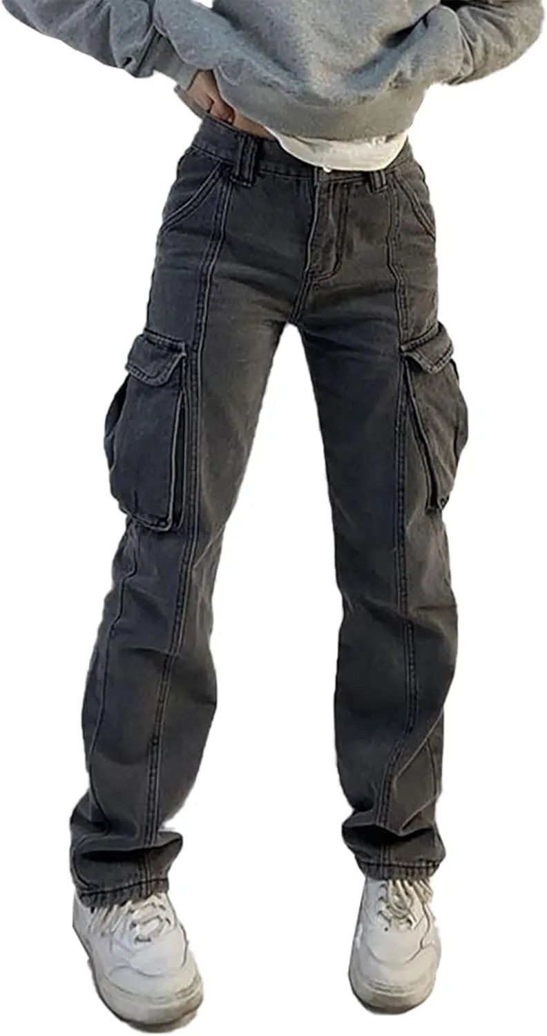 Xineicy Women's Mid Waist Pocket Cargo Jeans Washed Baggy Wide Leg Denim Pants Order 1 Size UP
