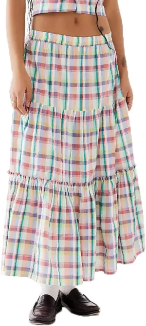 Y2K Plaid Tiered Maxi Skirts Women Boho Flowy A Line Long Skirts Elastic High Waist Gingham Ruffle Vintage Skirts