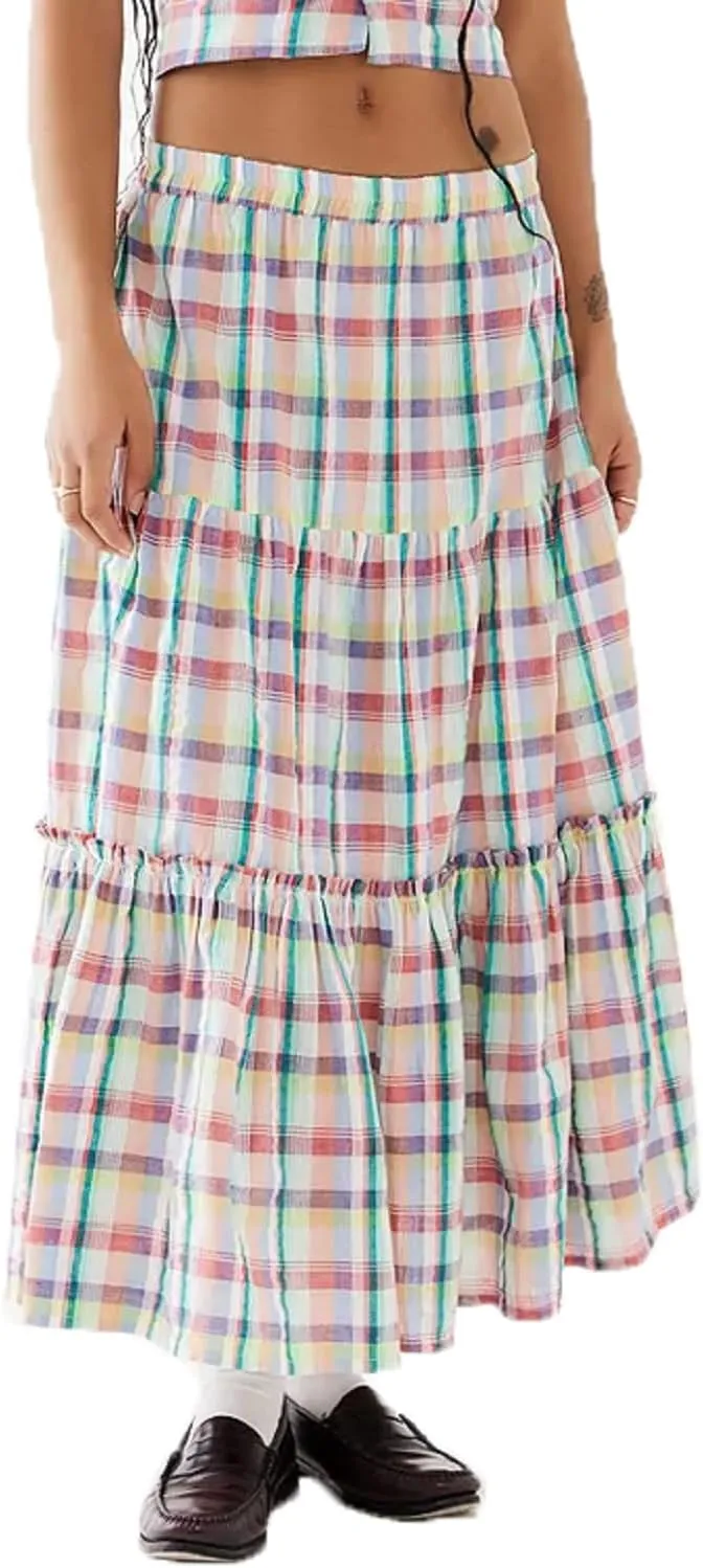 Y2K Plaid Tiered Maxi Skirts Women Boho Flowy A Line Long Skirts Elastic High Waist Gingham Ruffle Vintage Skirts
