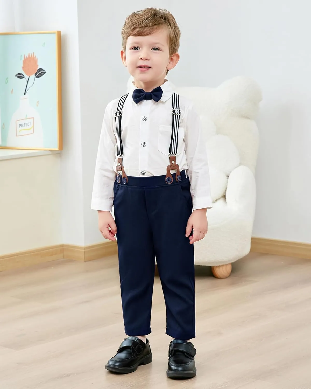 YALLET Boy Clothes Suits, Formal Dress Shirt with Bowtie Vest Suspender Pants Big Kid Gentleman Wedding Outfits 6-10 Years