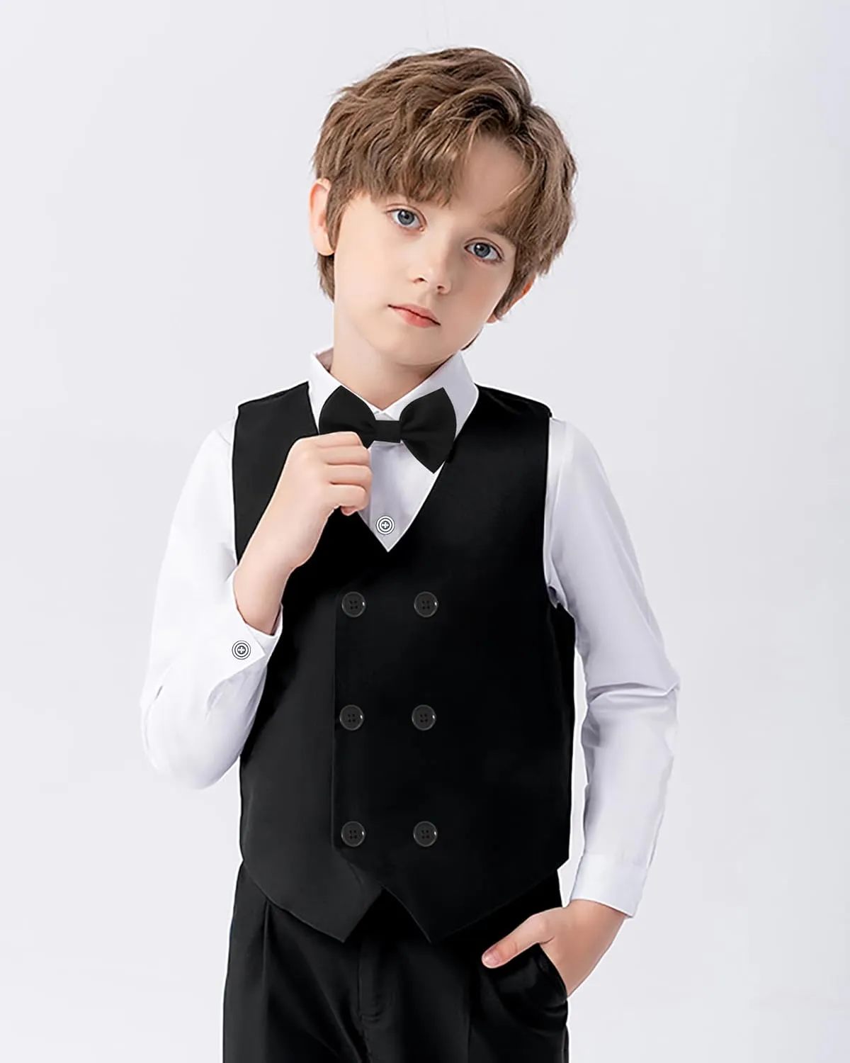 YALLET Boy Clothes Suits, Formal Dress Shirt with Bowtie Vest Suspender Pants Big Kid Gentleman Wedding Outfits 6-10 Years