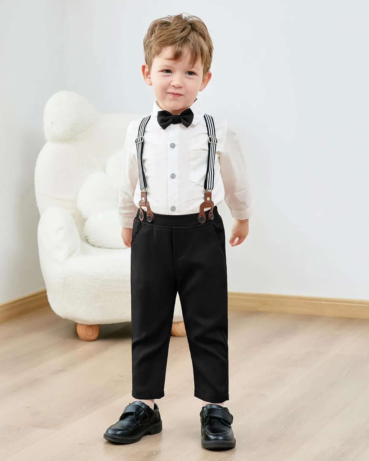 YALLET Boy Clothes Suits, Formal Dress Shirt with Bowtie Vest Suspender Pants Big Kid Gentleman Wedding Outfits 6-10 Years