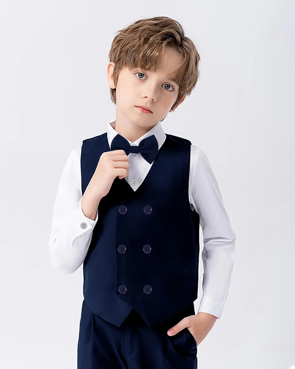 YALLET Boy Clothes Suits, Formal Dress Shirt with Bowtie Vest Suspender Pants Big Kid Gentleman Wedding Outfits 6-10 Years