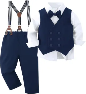 YALLET Boy Clothes Suits, Formal Dress Shirt with Bowtie Vest Suspender Pants Big Kid Gentleman Wedding Outfits 6-10 Years