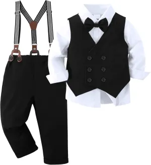 YALLET Boy Clothes Suits, Formal Dress Shirt with Bowtie Vest Suspender Pants Big Kid Gentleman Wedding Outfits 6-10 Years