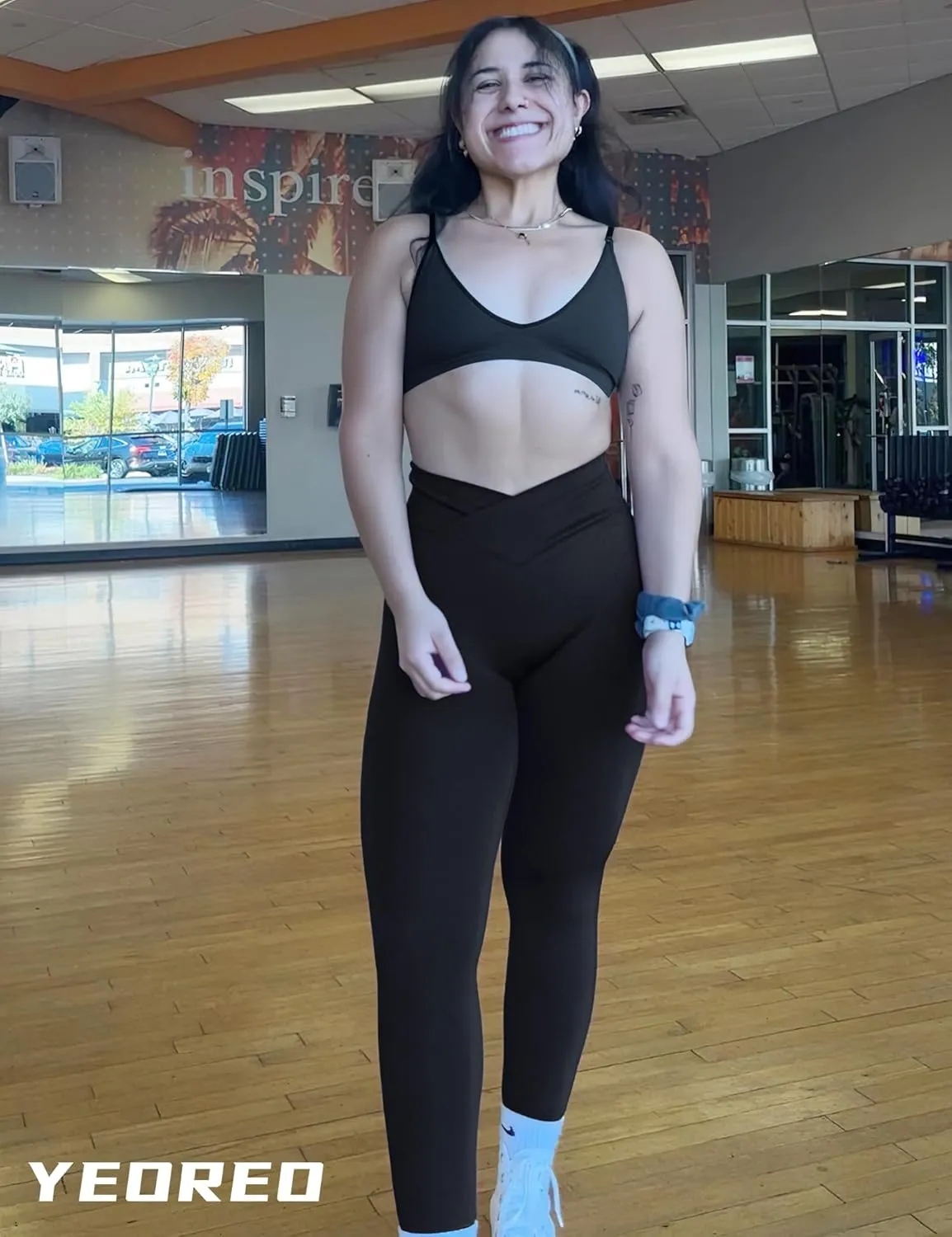 YEOREO Leggings for Women Hidden Scrunch High Waisted Yoga Pants V Cross Tummy Control Craze Compression Workout