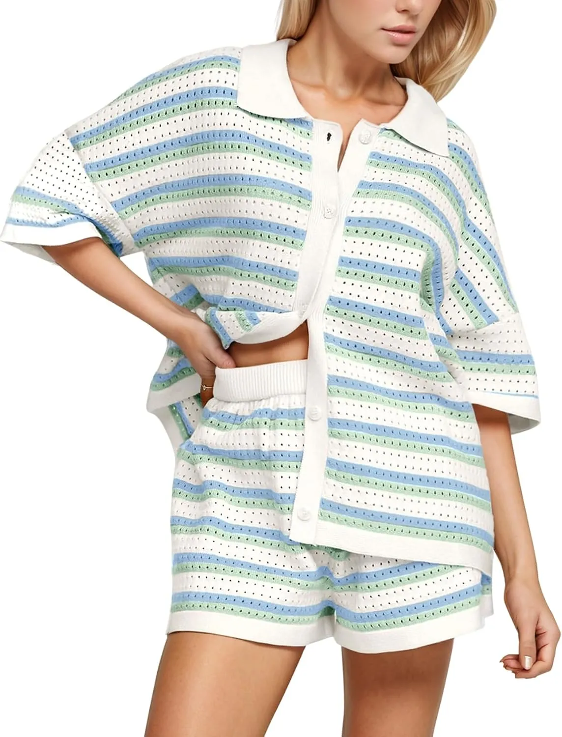 Yimoon Womens Striped Knit Pajama Set Short Sleeve Button Shirt Matching Shorts 2 Piece Outfits Crochet Lounge Set
