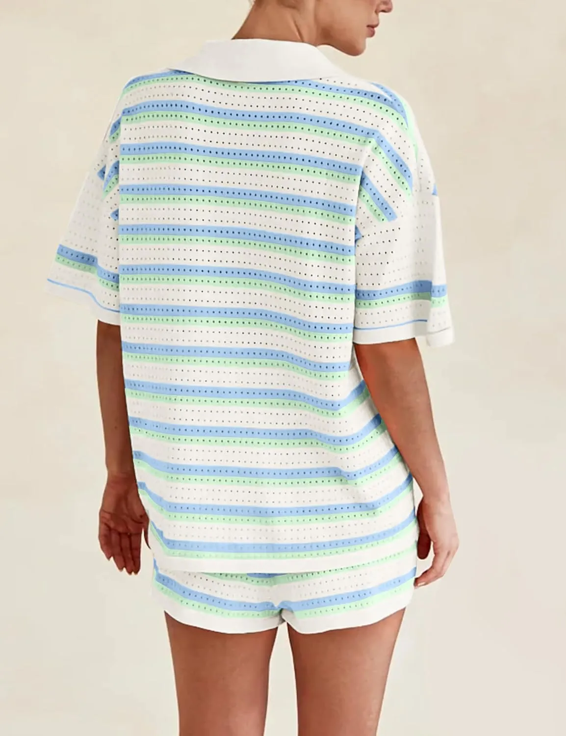 Yimoon Womens Striped Knit Pajama Set Short Sleeve Button Shirt Matching Shorts 2 Piece Outfits Crochet Lounge Set